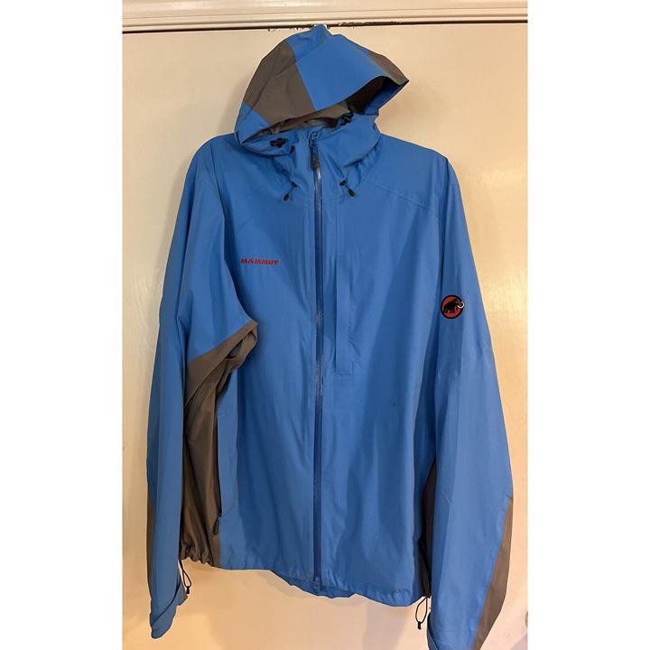 Mammut Drytech Premium Mens Jacket Blue Full Zip Windbreaker Hooded Jacket Sz2XL
