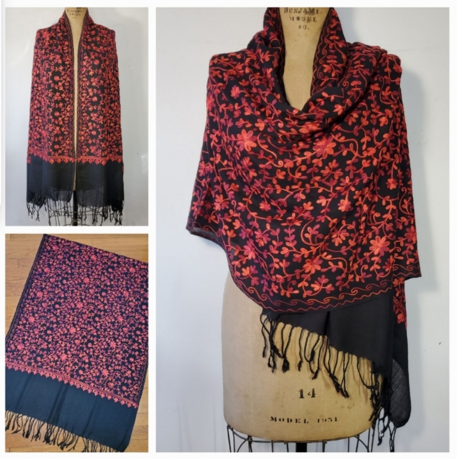 Kashmiri 29x78 Stole Scarf Wrap Aaria Floral Black Red Wool Crewel Embroidery
