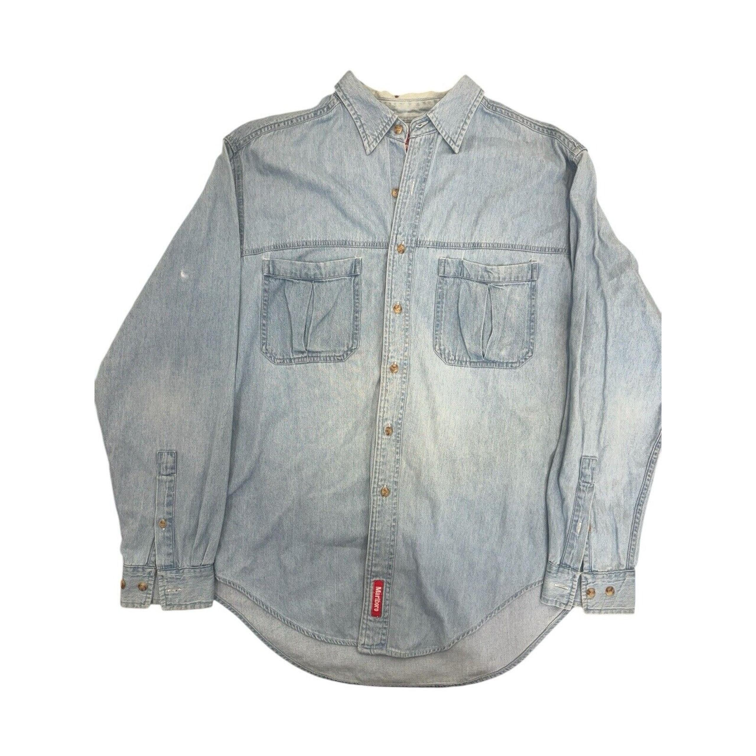 Vintage Marlboro Shirt Adult Med Blue Denim Button Up Long Sleeve USA 90’s Men