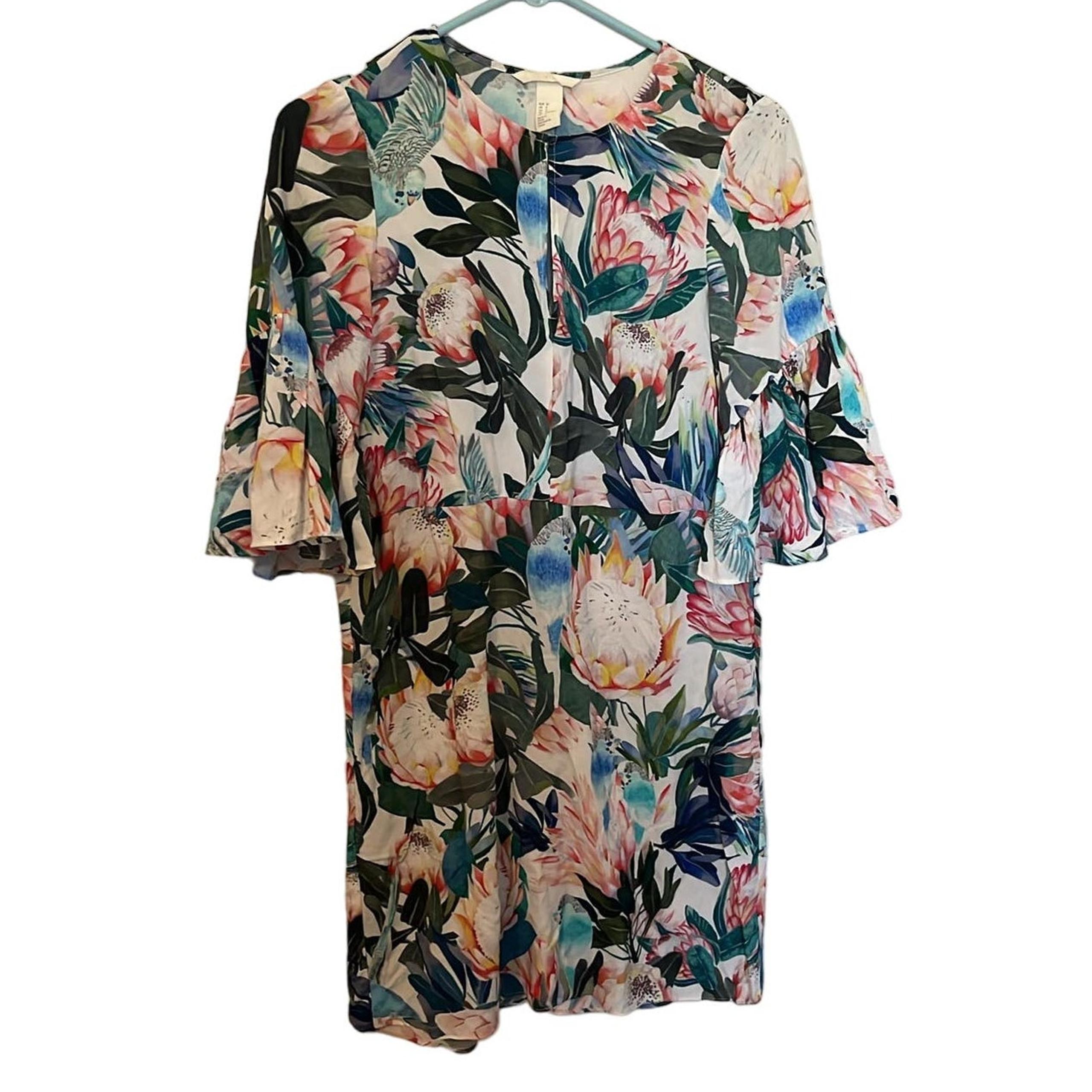 H&M Dress Bell Sleeves Botanical Floral Print Key Hole Neck Spring Viscose Sz 0