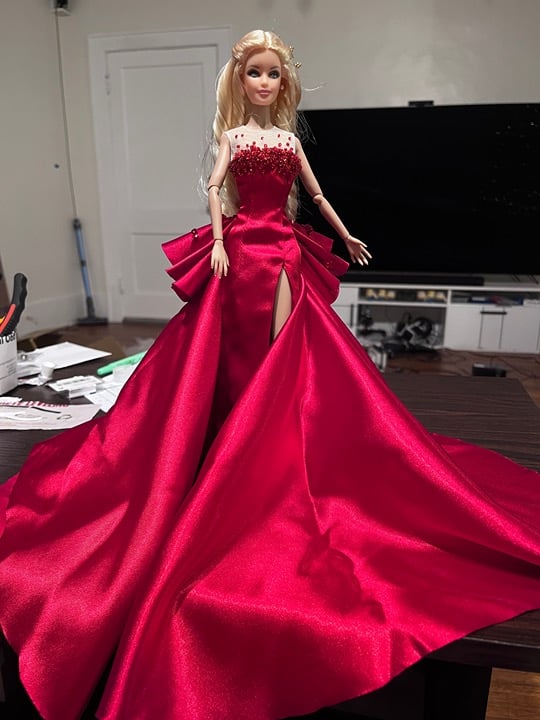 3D Beaded Red Front Split Train Dress Fit Muse Model Barbie, Poppy Parker