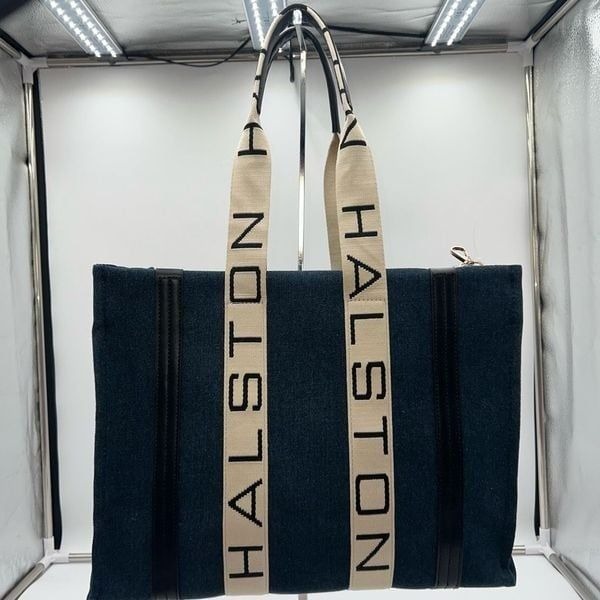 Halston Denim And Canvas Logo Tote NWT