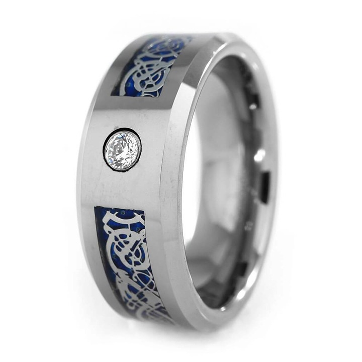 Men's Wedding Band Rings - Silver Celtic Dragon CZ Rings for Men and Women