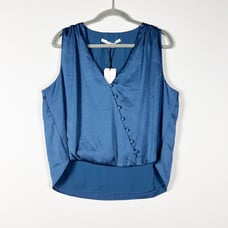 NEW Veronica Beard Rahi Satin Button Surplice Sleeveless Lagoon Blue Blouse Top