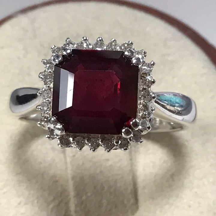 Rhodolite Garnet Diamond Sterling Silver Ring Size 8