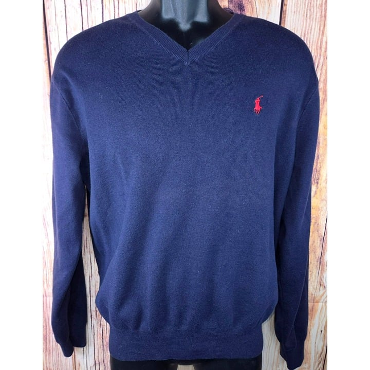 Polo Ralph Lauren Mens Navy V-Neck Sweater Large Pima Cotton Embroidered Logo