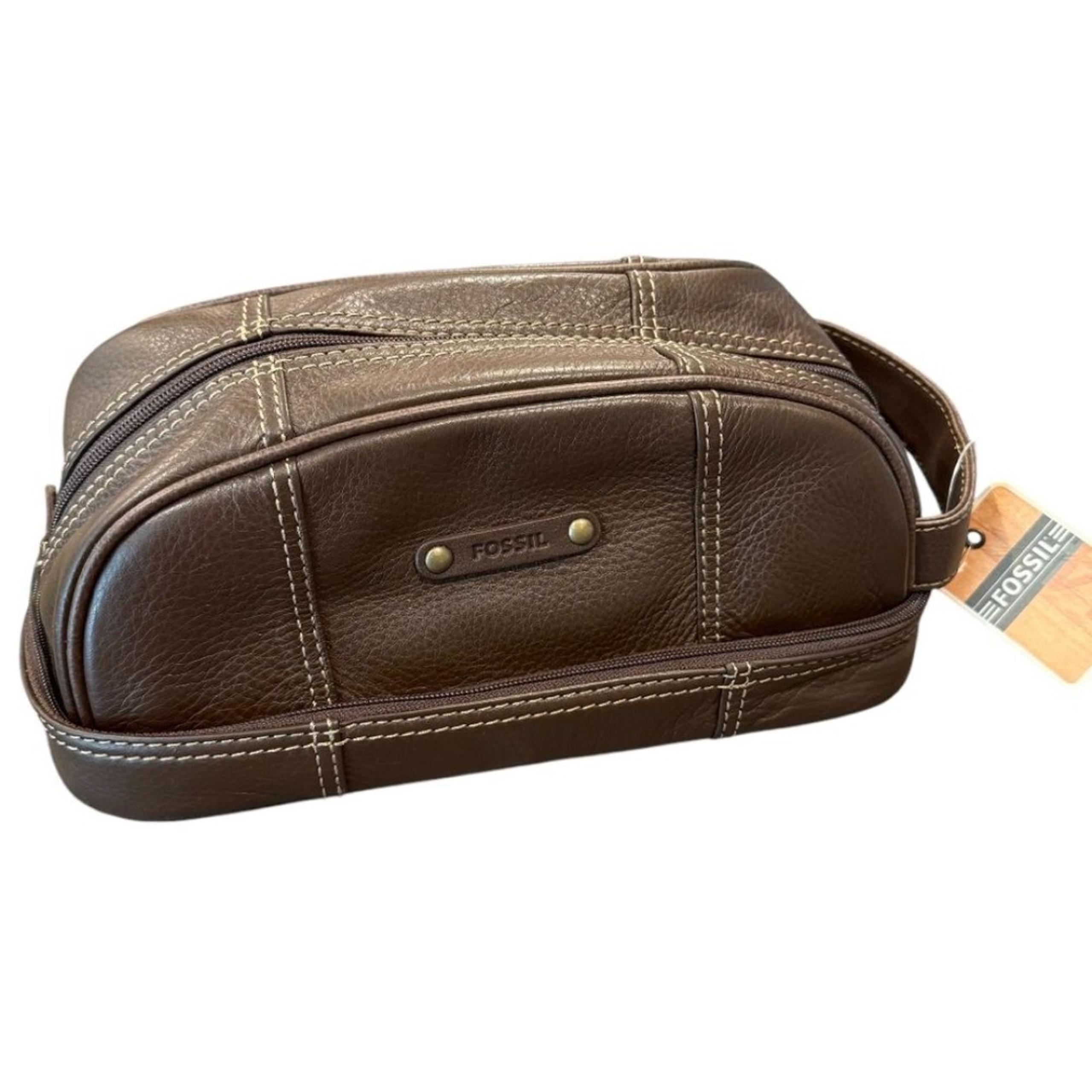 Fossil NWT Runway top zip men’s toiletries shave pouch bag brown leather