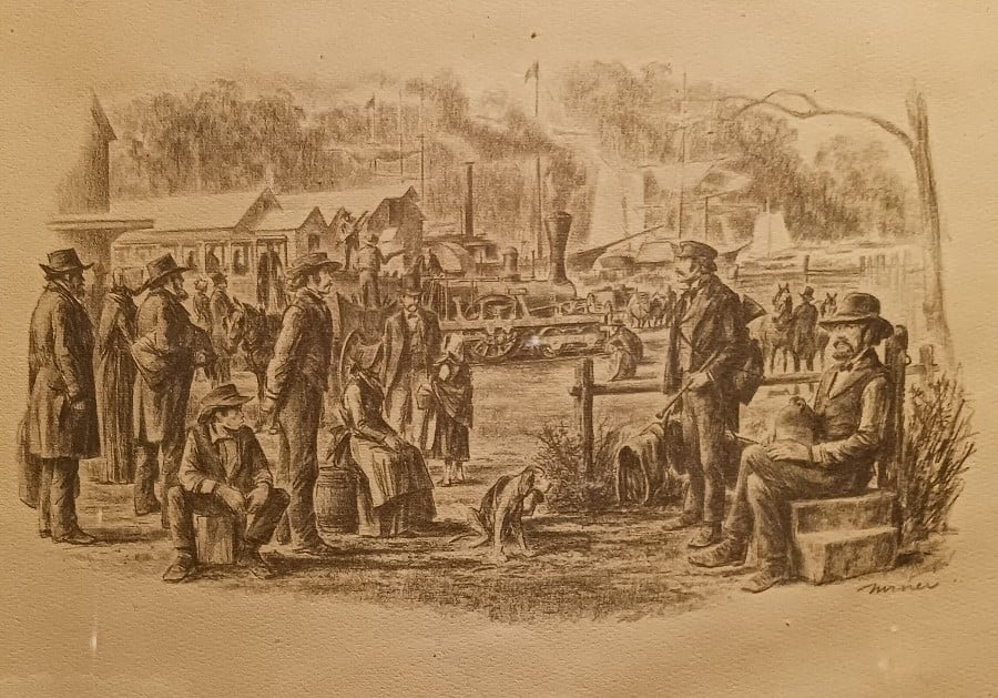 1930s Etching C.R. Miner Waiting For The Train Framed Wall Decor Primitive