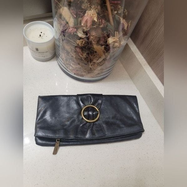 Hobo Soft Black Leather Foldover Magnetic Clutch