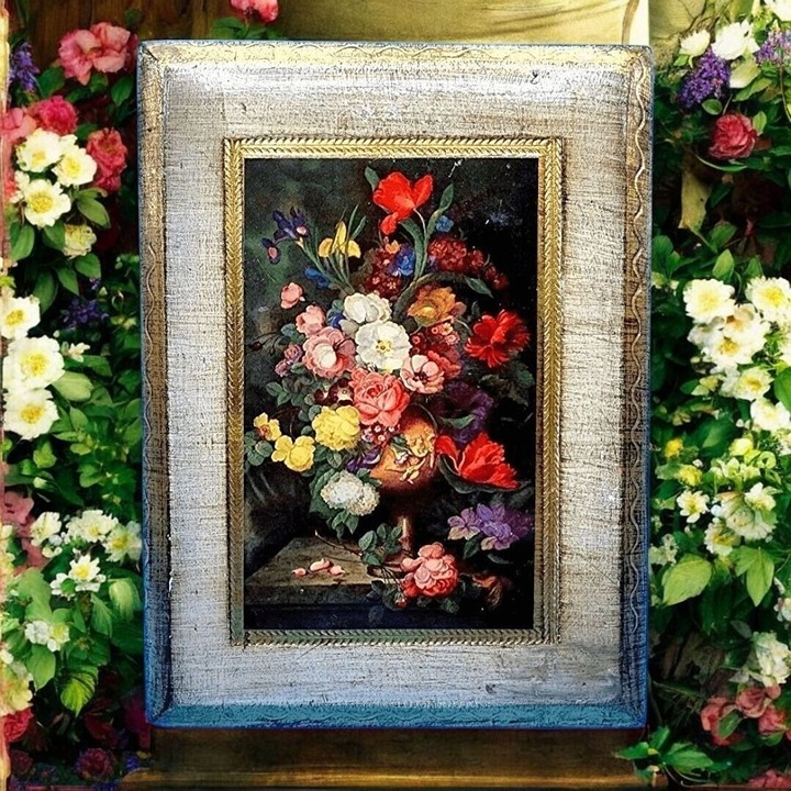 Still Life with Flowers by Franz Xaver Pieler Gold Gilt Italy Print on Wood