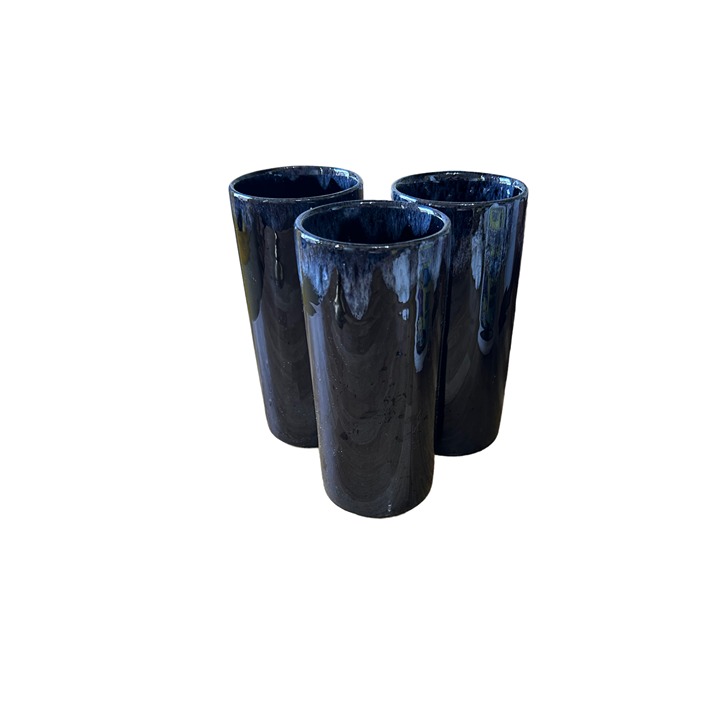 Vintage 1960s Anna Van Briggle Black Navy Blue Drip Glaze Tumblers Set of 3