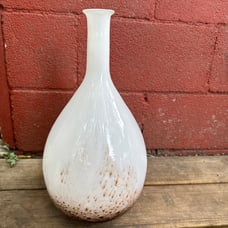 Tall white art glass vase with brown splatter 17”