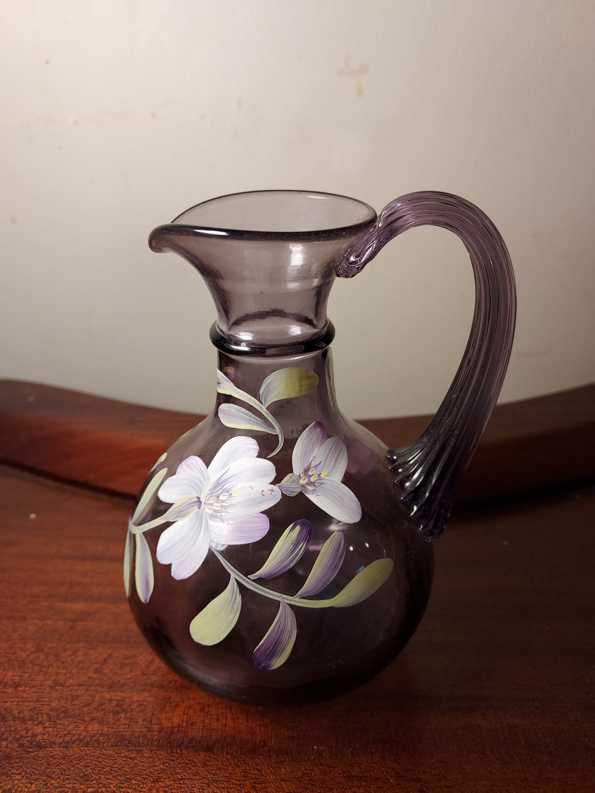 Fenton Violet Rib Optic Hand Painted Floral Pitcher 5 3/4 QVC 2003 Signed