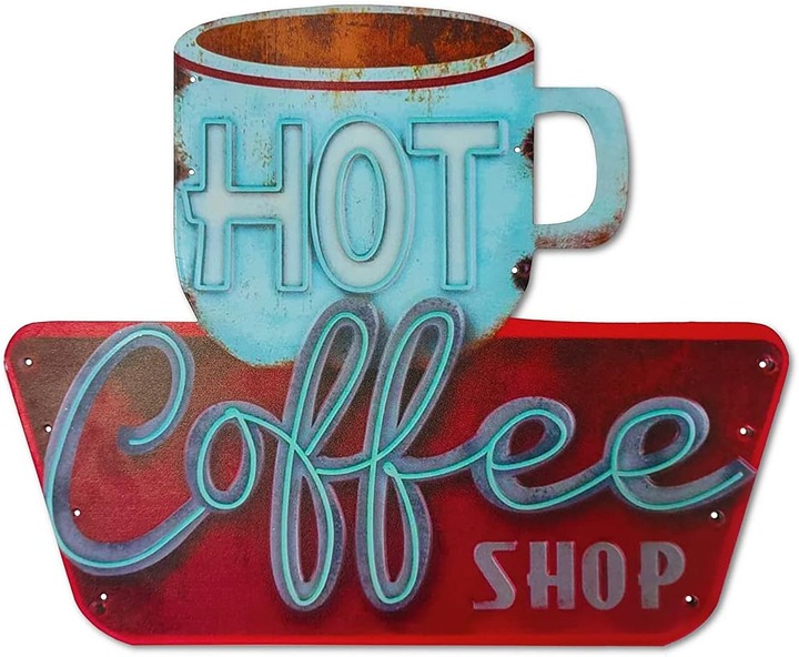 Vintage Tin Sign, Hot Coffee Shop, Embossed Metal Sign, 14 x 11.5 Inch