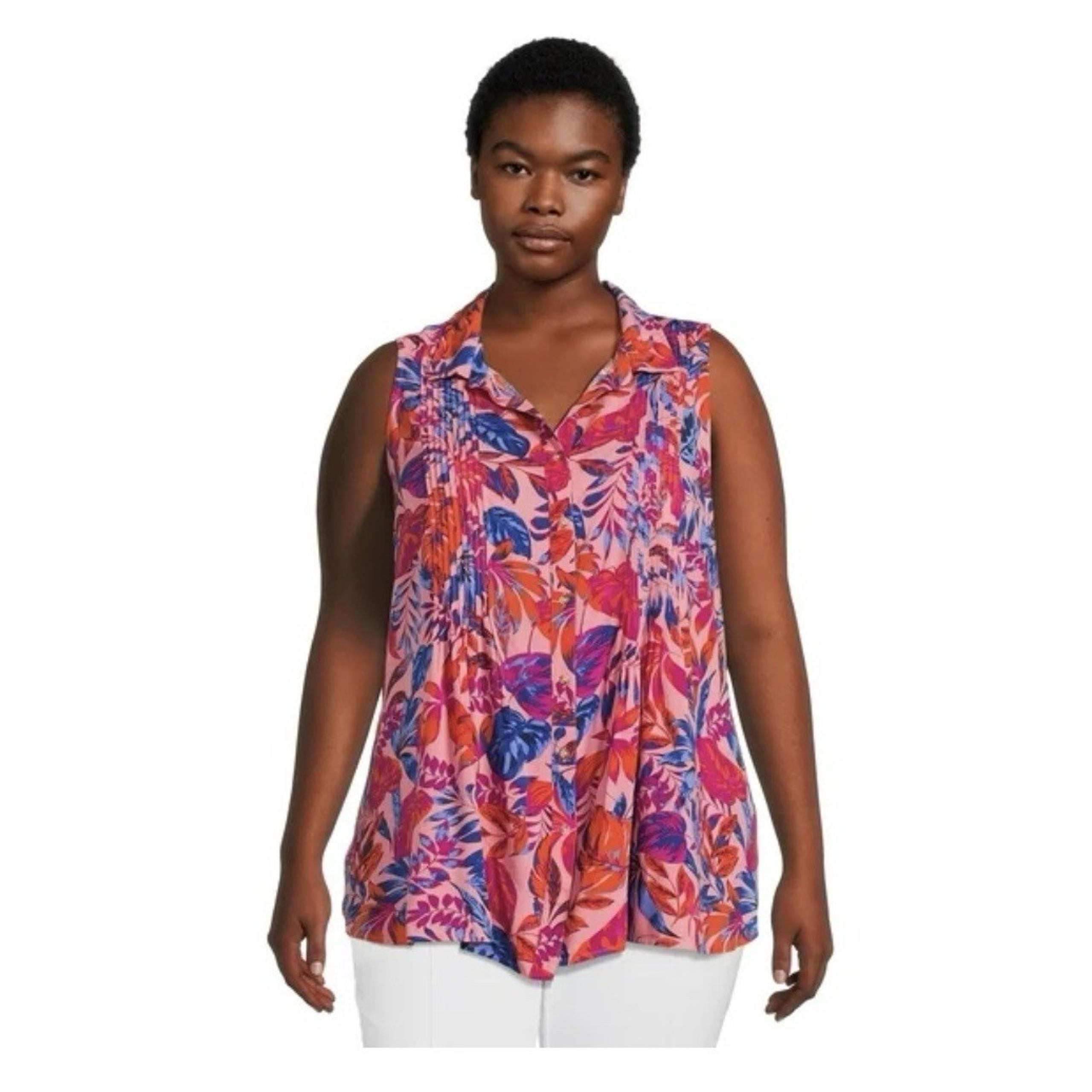 Terra & Sky Pintuck Camp Shirt Floral Sleeveless Plus Size Sz 4X