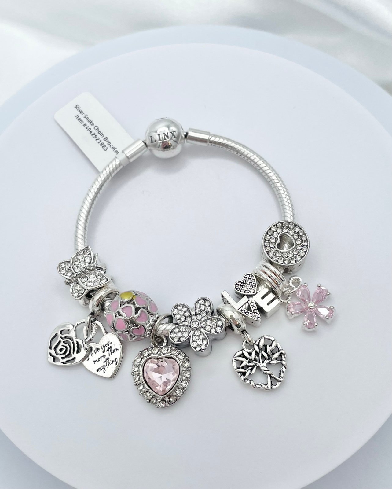 Linx Snake Chain Bracelet with Pink Themed Charms