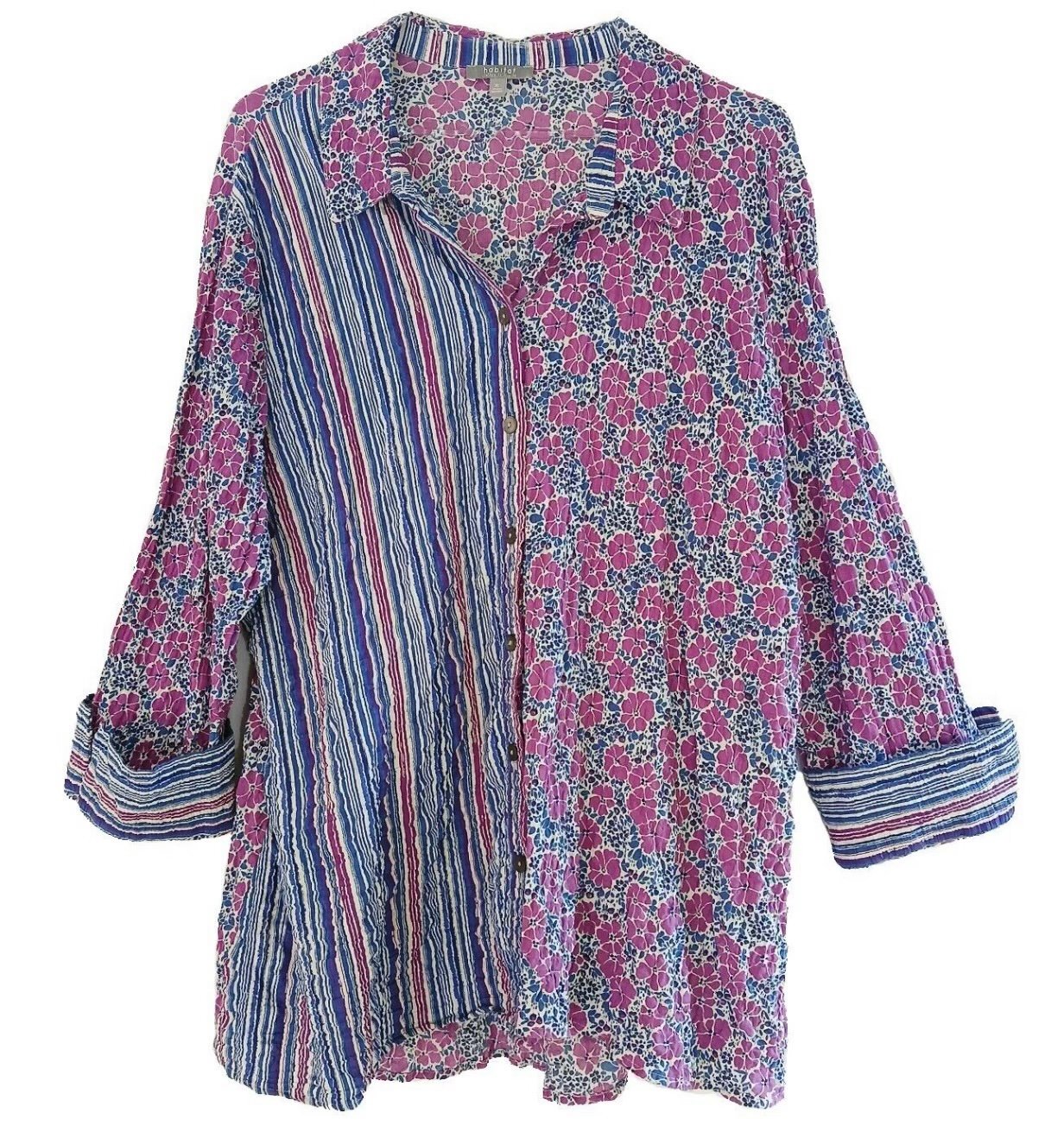 Habitat large button up blouse 3/4 sleeves blue purple floral stripes