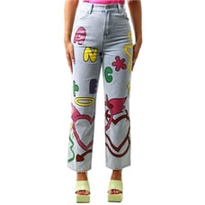 Daisy Street Jeans Hi Rise Women Blue Denim Artsy Graffiti Hippie Size 6 NEW