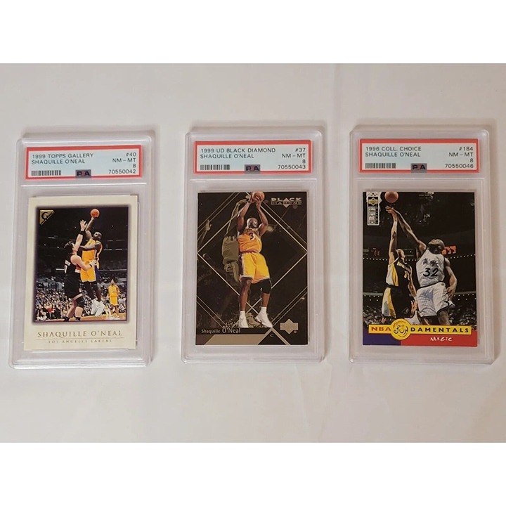 Lot of 3 SHAQUILLE O'NEAL 1996 #184, 1999 #37, 1999 high quality #40 LA LAKERS ALL PSA 8's