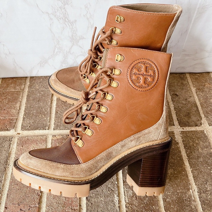 Tory Burch Miller 95 mm Lug Sole Lace Up Fig Heeled Logo Bootie Boot Brown US 7