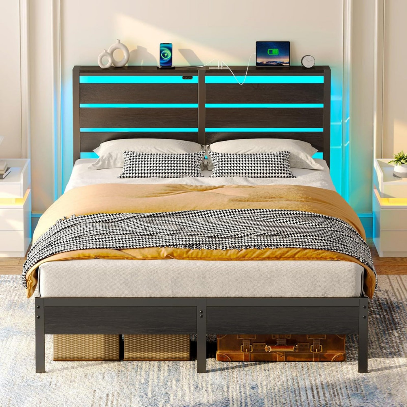 Rolanstar Bed Frame Full Size with USB Charging Station, LED Bed Frame