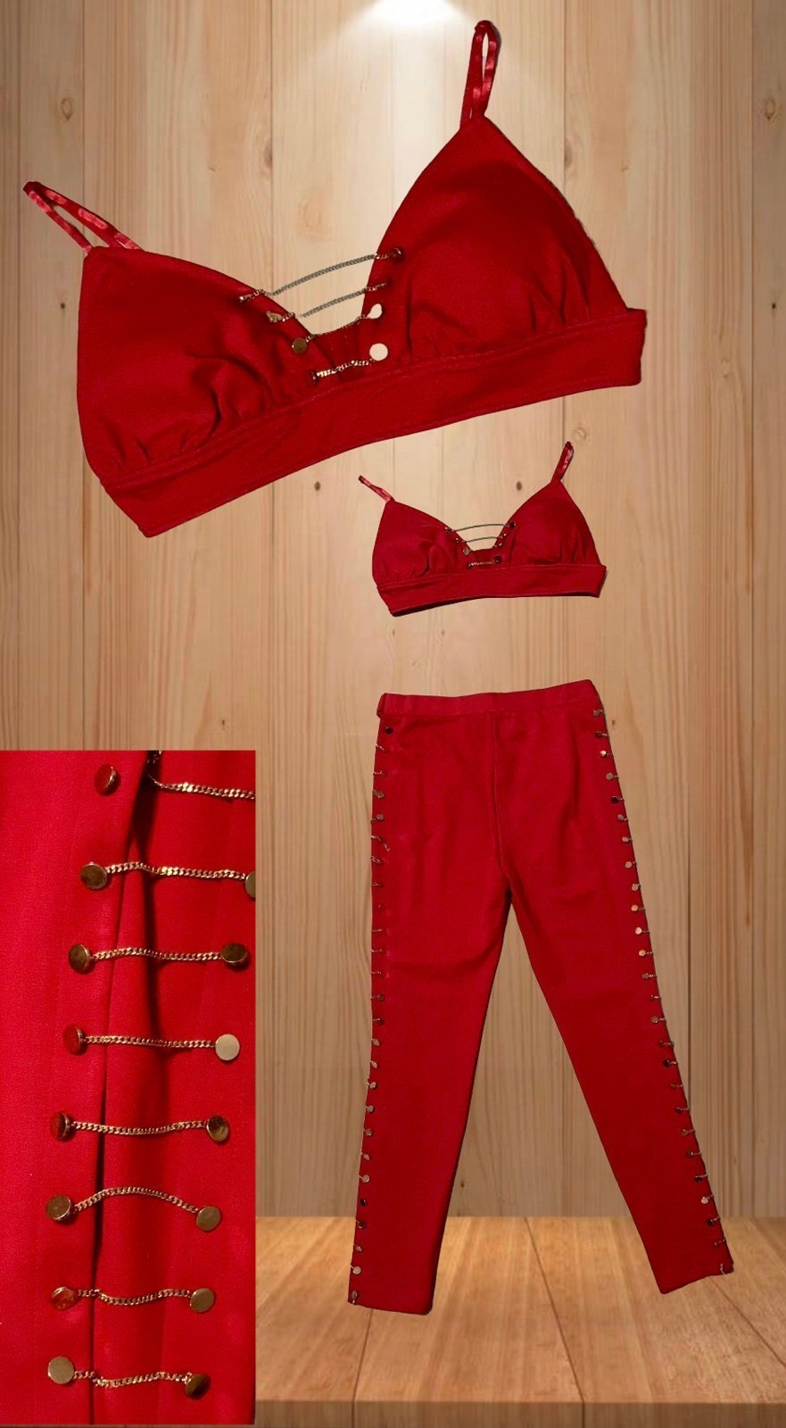 Latiste by Amy Red Gold Chain Pants Outfit Open Sides Bra Top Size L 2PC Set