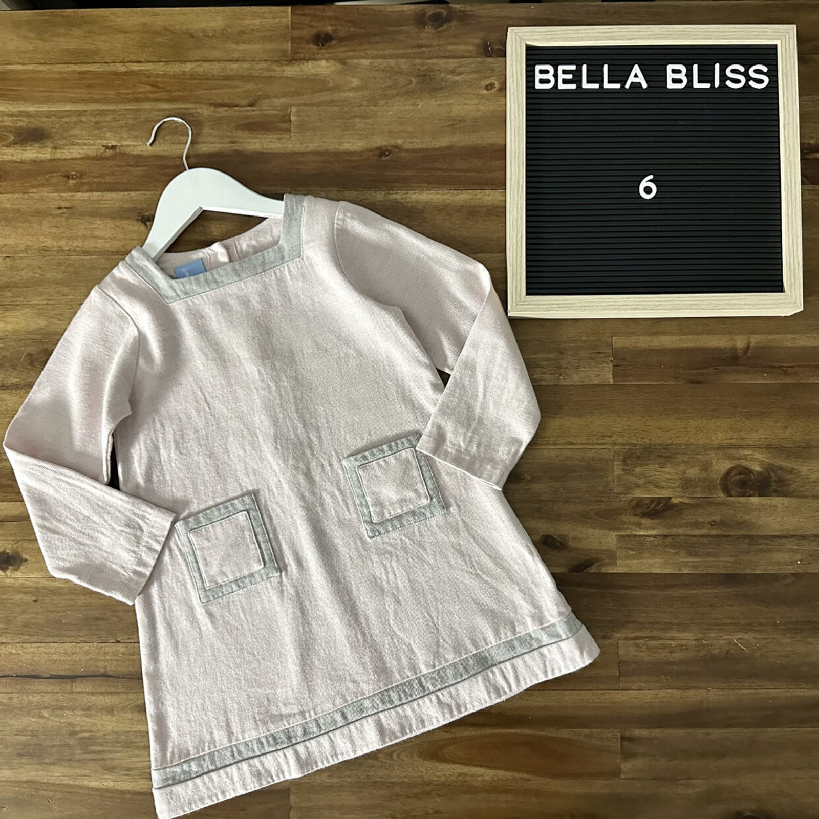 Bella Bliss Morgan Long Sleeve Pink Gray Tweed Shift Cotton Pocket Dress 6