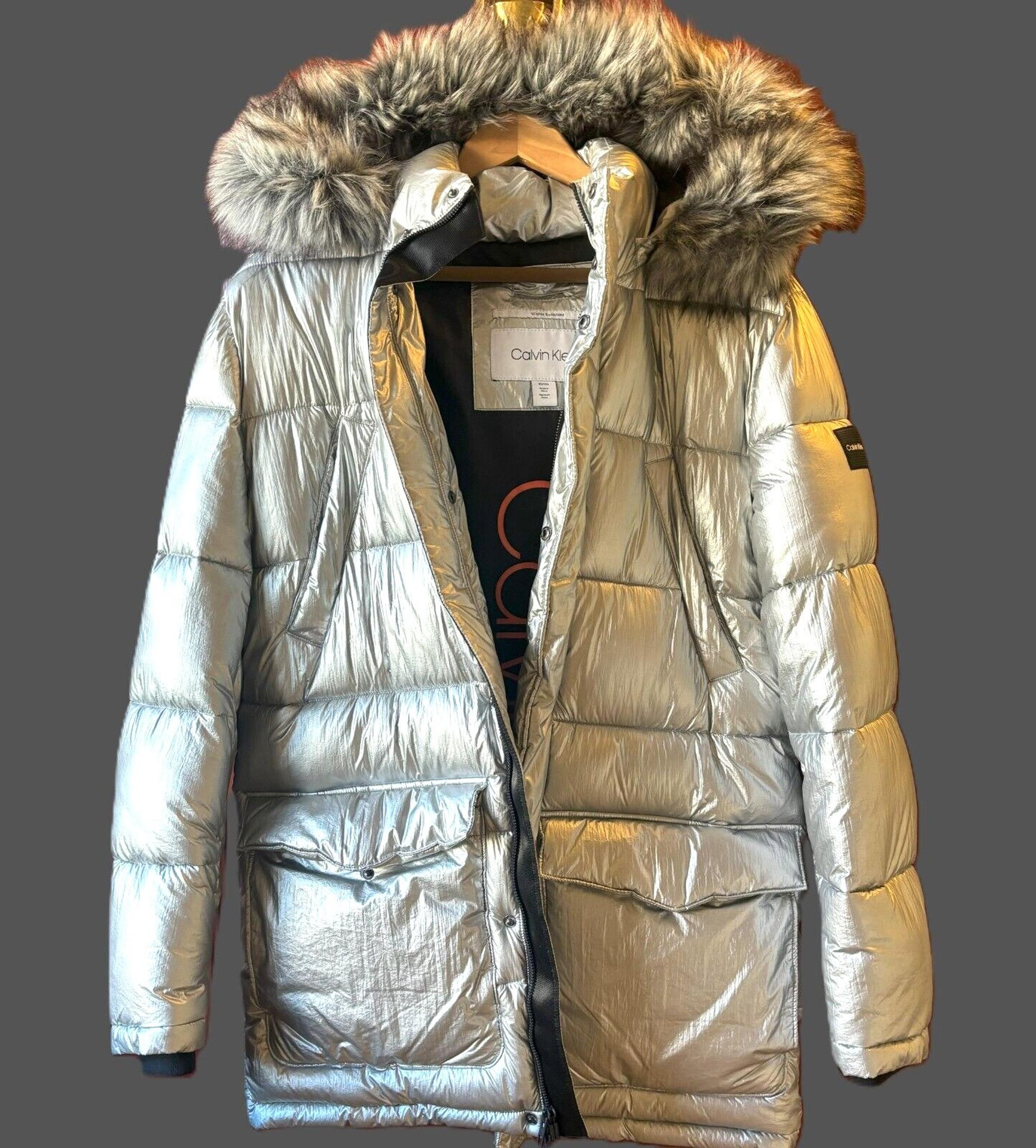 Calvin Klein Metallic Silver Puffer Parka/Coat Men's X-Small Faux Fur Trim Hood