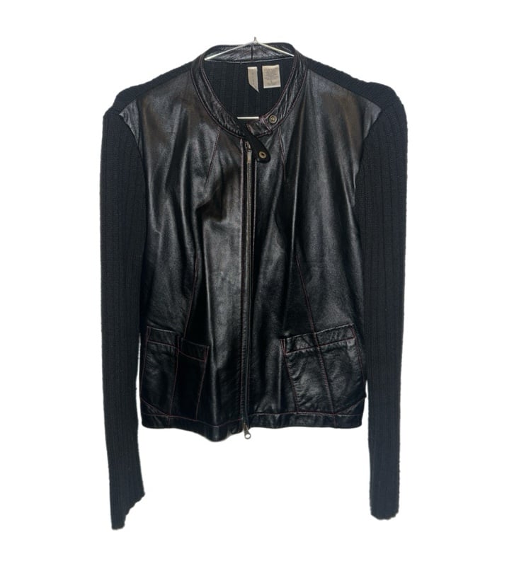 Women’s Twiggy black Leather Wool Blend Red Stitching Biker Jacket Pockets Large