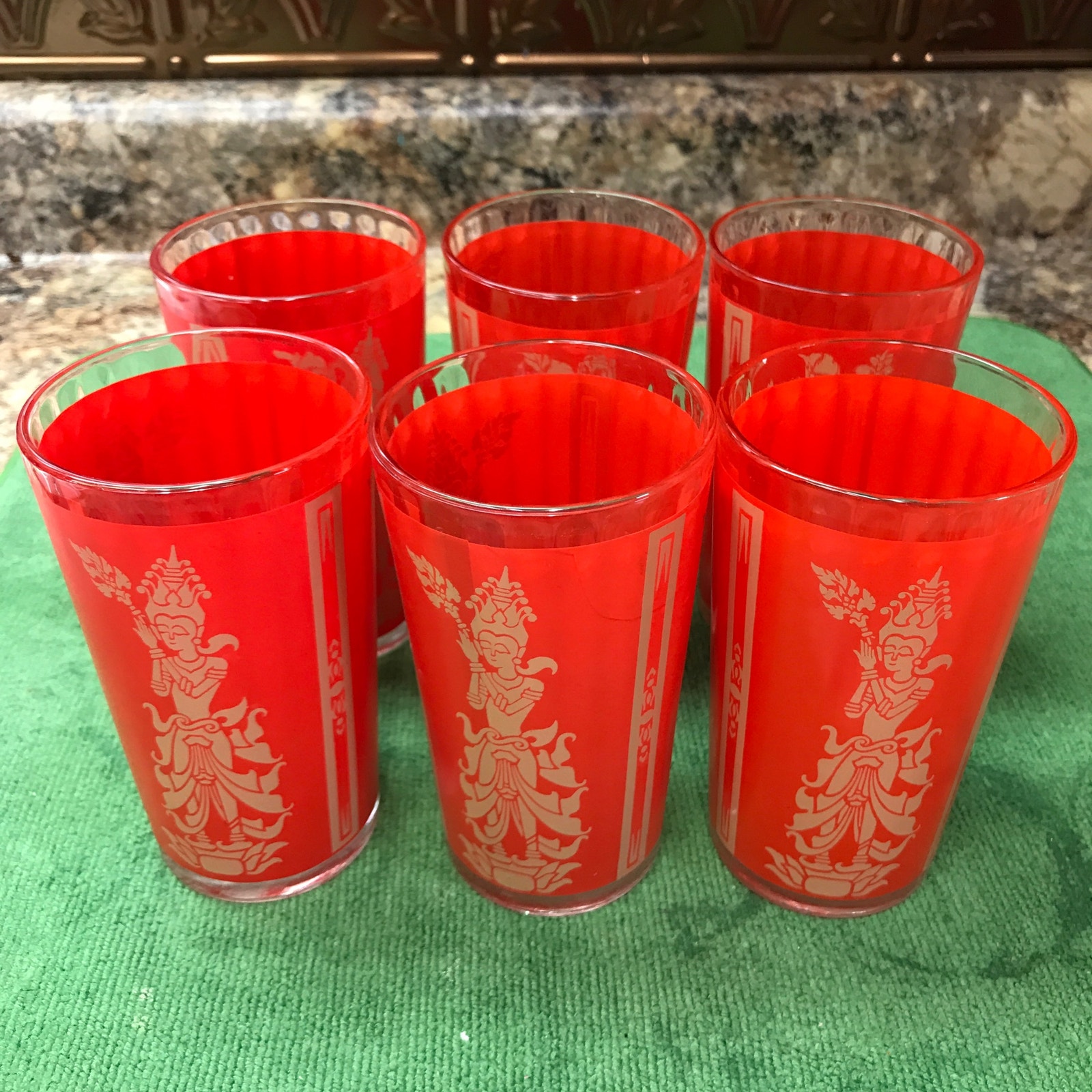 6 Vint Culver Federal Siam Thai Red/Gold Bollywood Goddess High Ball Glass 5”