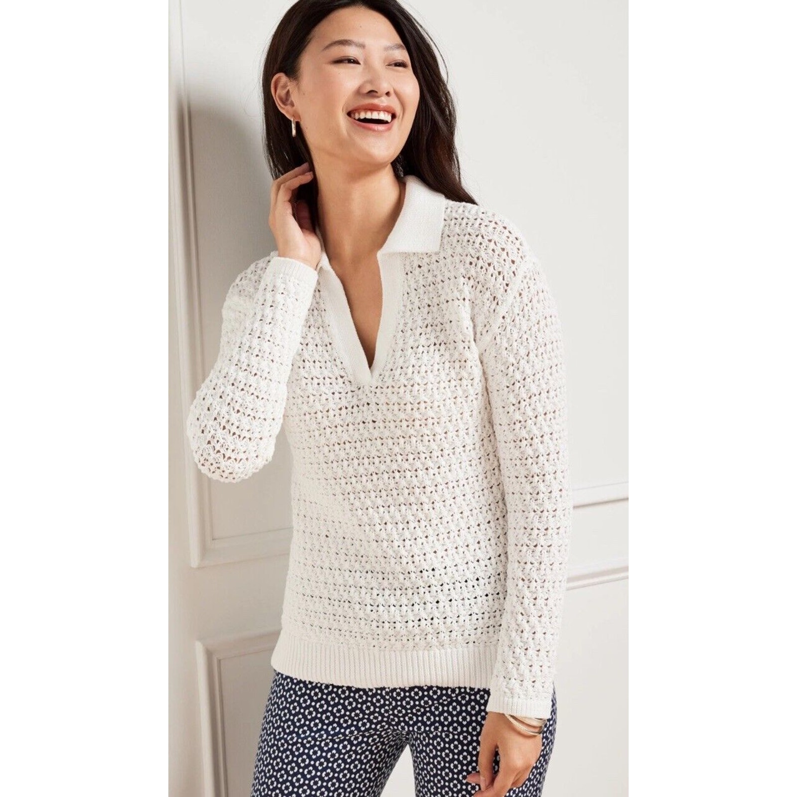 Talbots Sweater Women Size XL Open Stitch Johnny Collar Pullover White Cotton