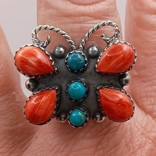 Navajo Red Orange Spiny Oyster Turquoise Butterfly Ring Sterling Silver Size 7.5