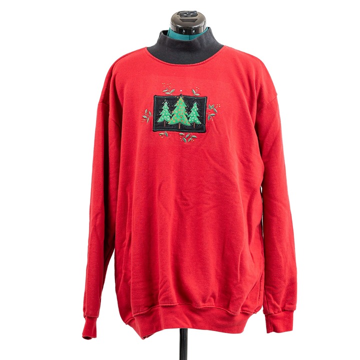 Vintage 90s Winter Holiday Christmas Tree Mock Neck Pullover Sweatshirt Red and