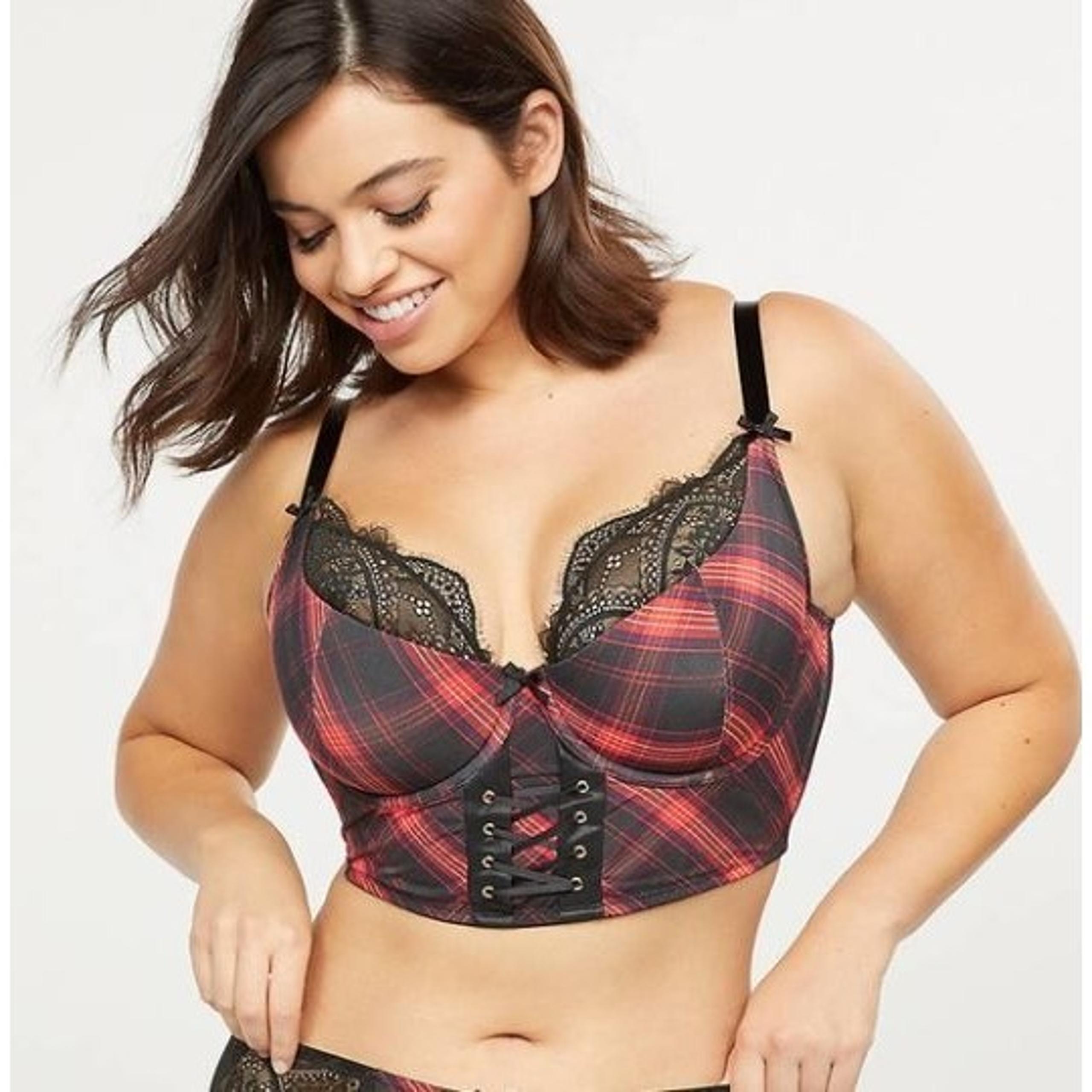 Cacique Lightly Lined French Balconette Bra Plaid 50DD Red Black
