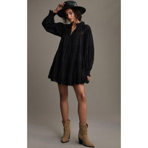 NEW Anthropologie Maeve Long-Sleeve Lace Mini Dress Black Eyelet Babydoll Medium