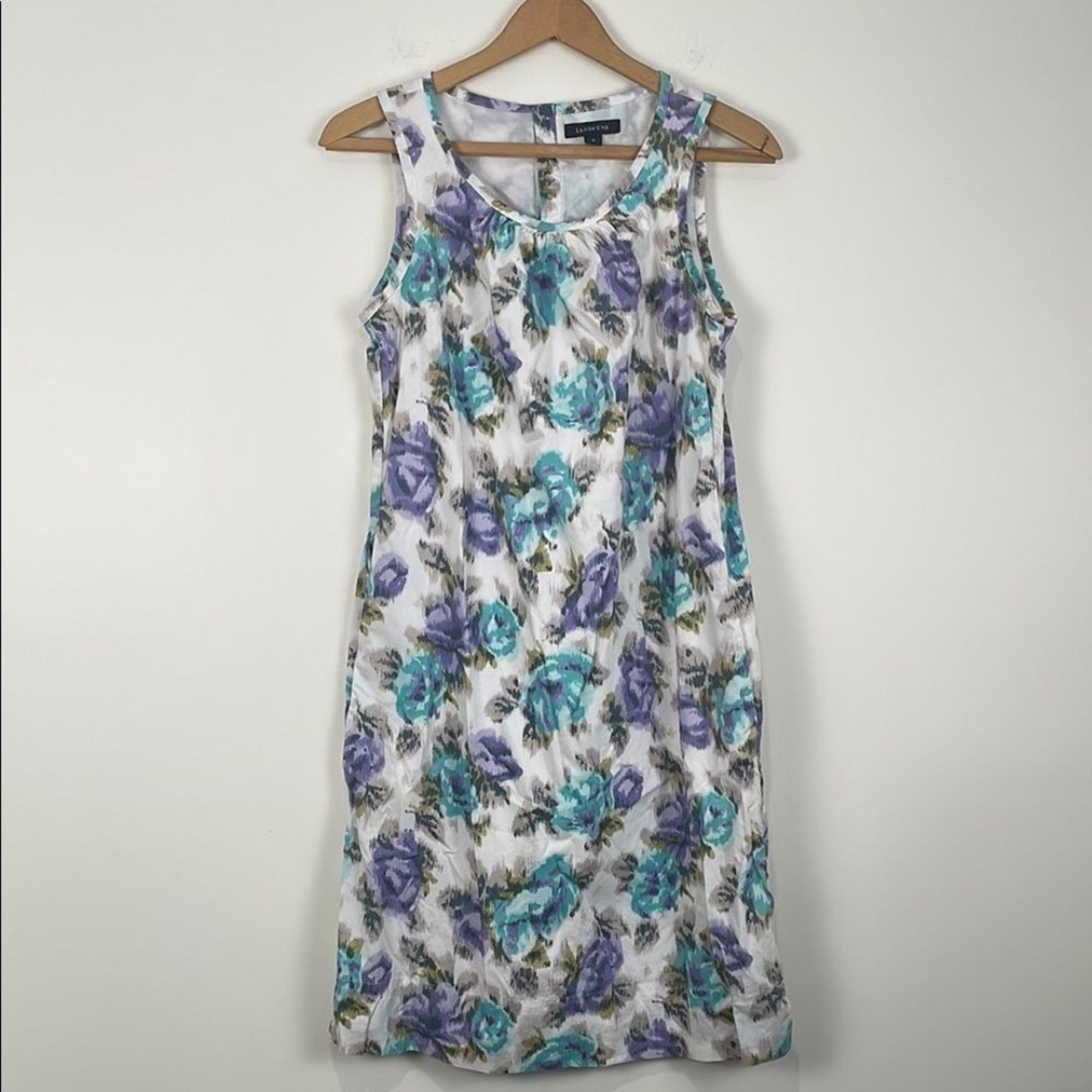 Lands End Sleeveless Women’s 6 Dress Purple Blue Floral Spring A-line 100%Cotton