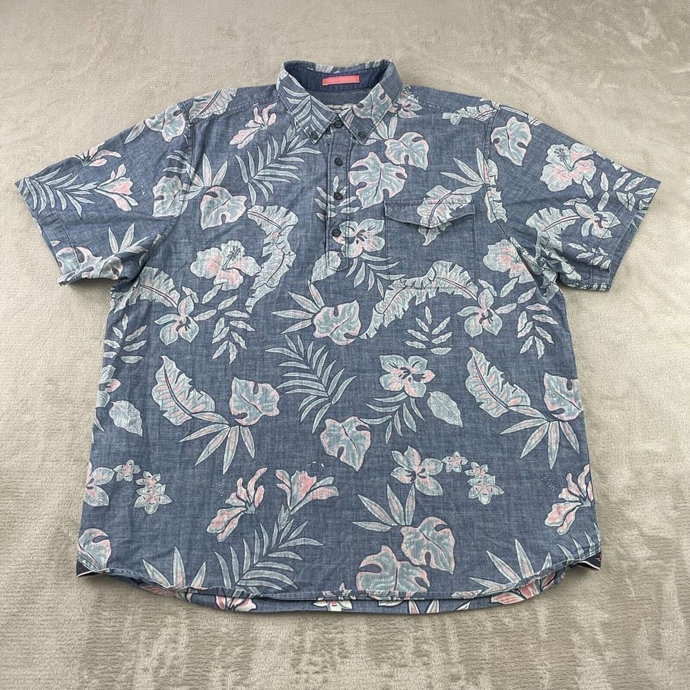 Tommy Bahama Popover Shirt Men XL Blue Floral Hooray Chambray Reverse Print SS