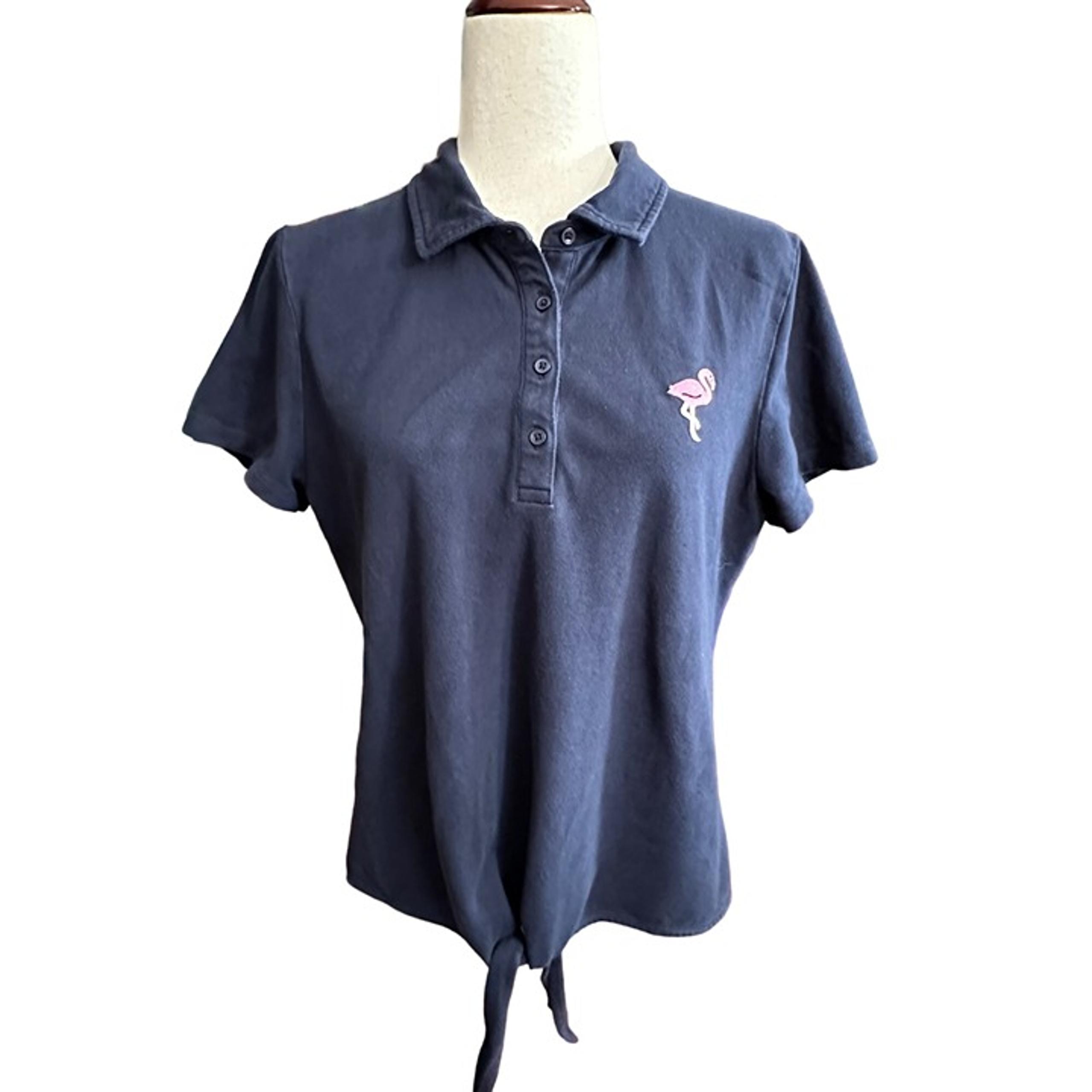 Talbots Shirt Women L Polo Tie Front Navy Pink Flamingo Embroidery Short Sleeve
