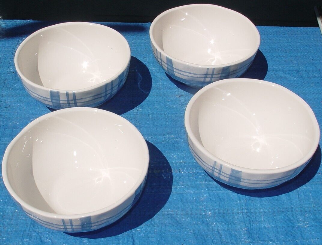 Set Of 4 Pier 1 BLUE PLAID Cereal Bowl Spring Matches Henry Bunny
