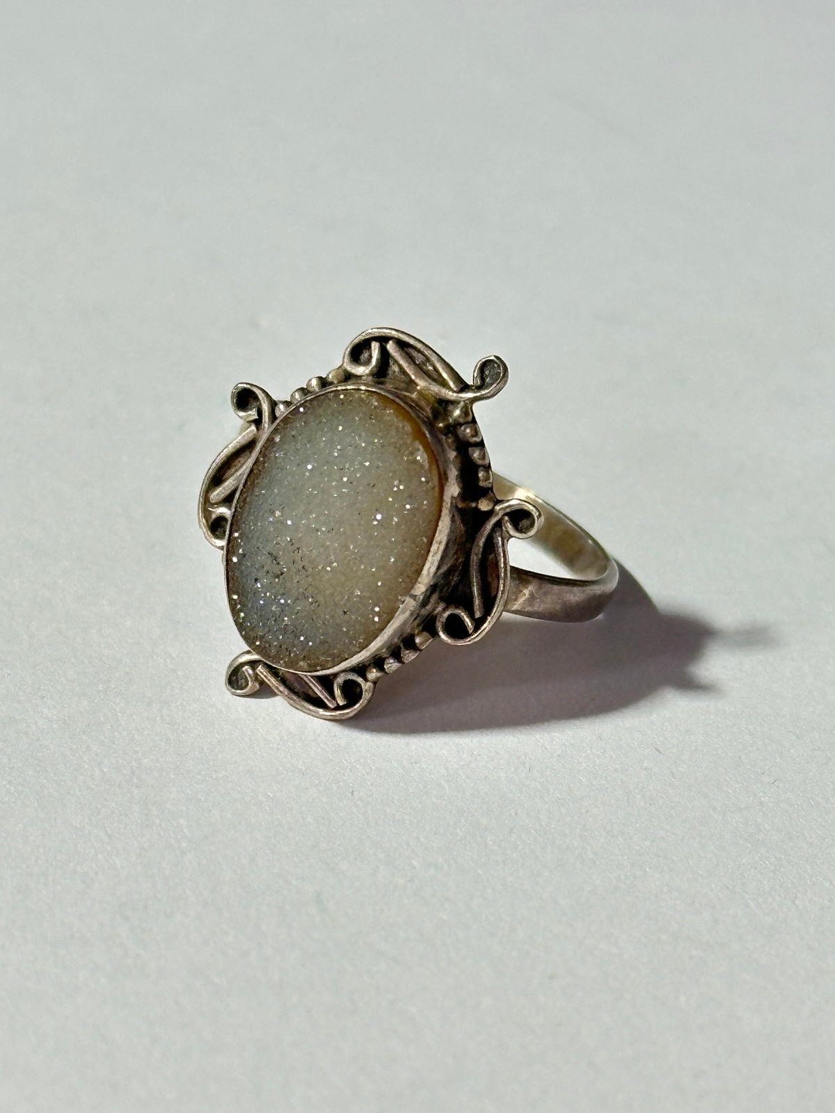 Vintage Lilac Druzy Stone Silver 925 Filigree Ring Size 8.5