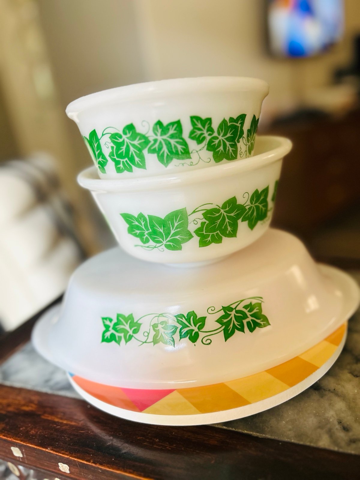 Vintage Hazel Atlas Green Ivy Milk Glass Dishware & Milk Glass Shaker Set