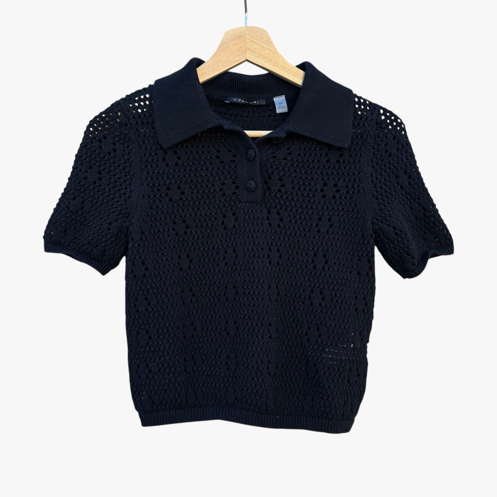 T Tahari Crochet Knit Polo Sweater Short Sleeve Black Size Small