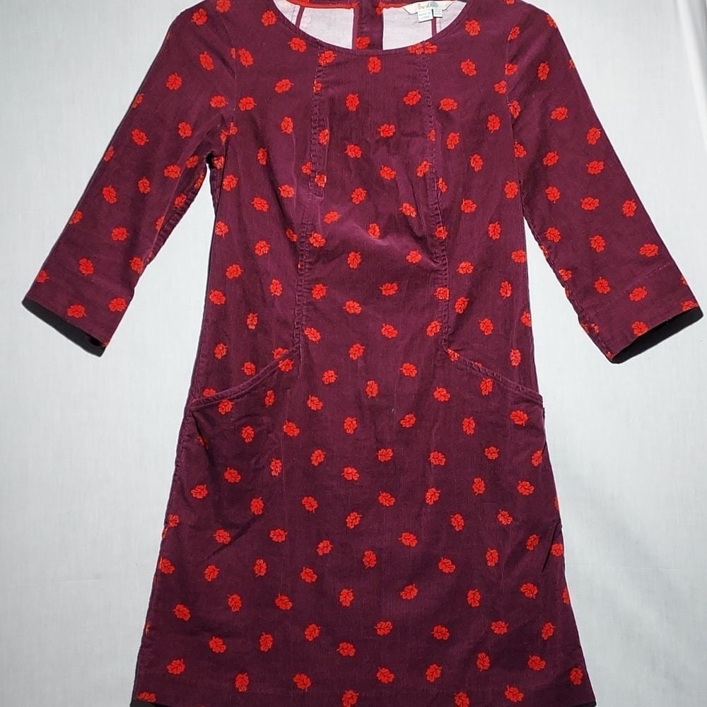 Boden Christina Purple Corduroy Black Forrest Leaf pocket shirt dress size 4p