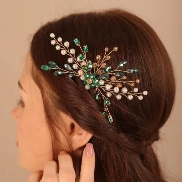 Green Crystal Emerald Gold Hair Comb