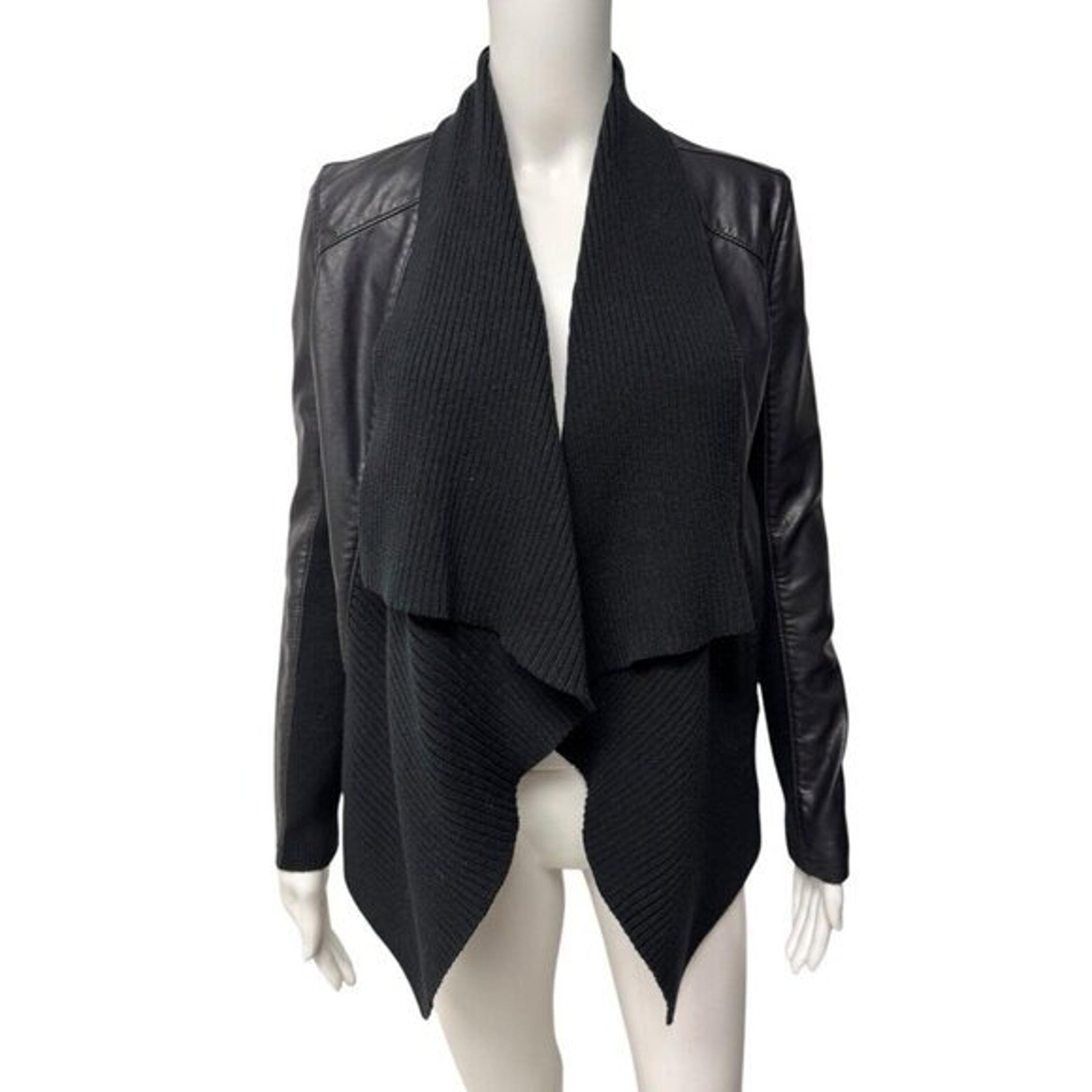 BLANK NYC Women's Black Faux Leather Drape Front Ribbed Knit Edgy Jacket size S