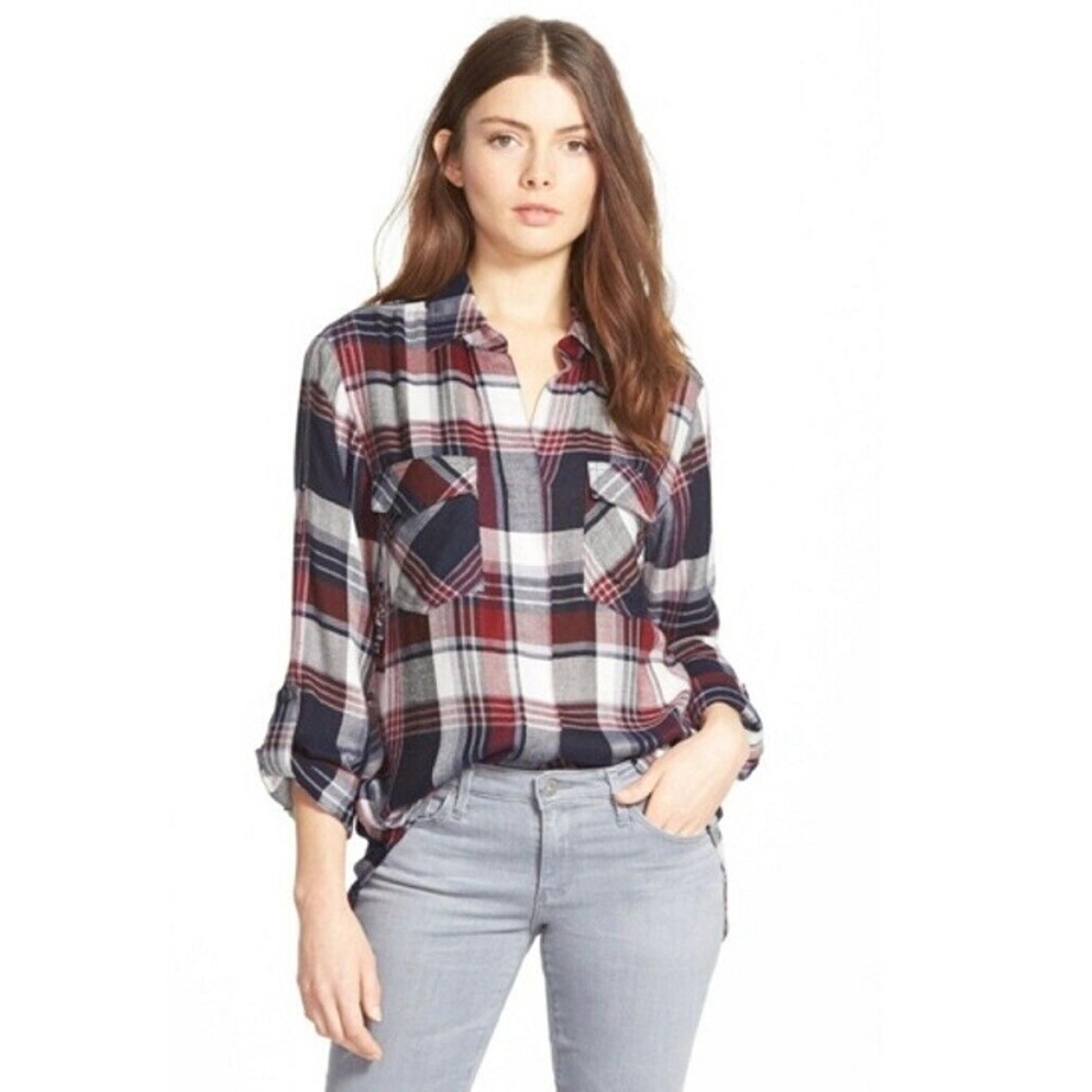 Sam Edelman Womens Riley Button Front Shirt Multicolor Plaid Lace Split Back XS