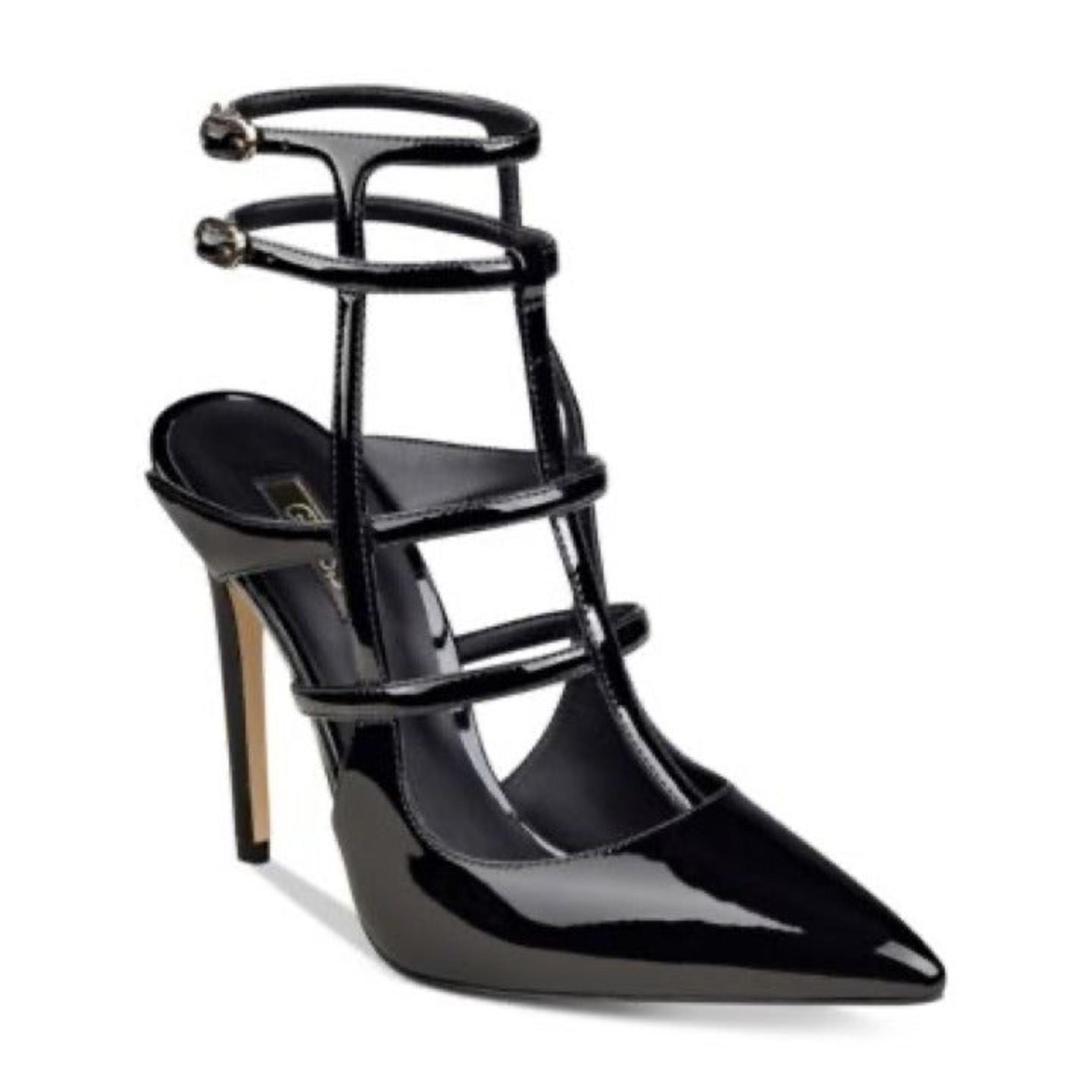 Guess Black Patent Pointed Toe Cage Pump