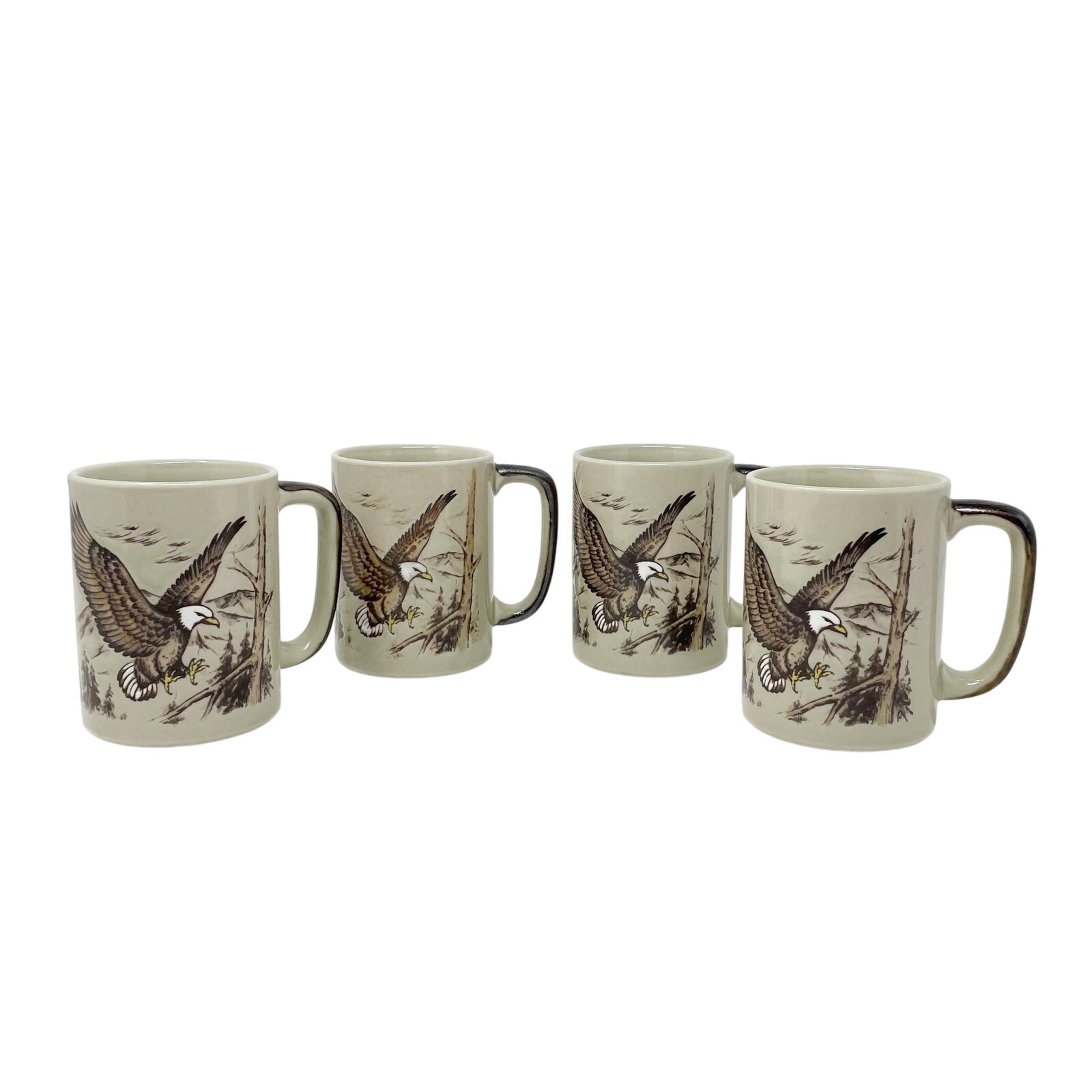 Vintage Otagiri Japan Bald Eagle Raised Ceramic Mug Set of 4 Rustic Cabin GUC