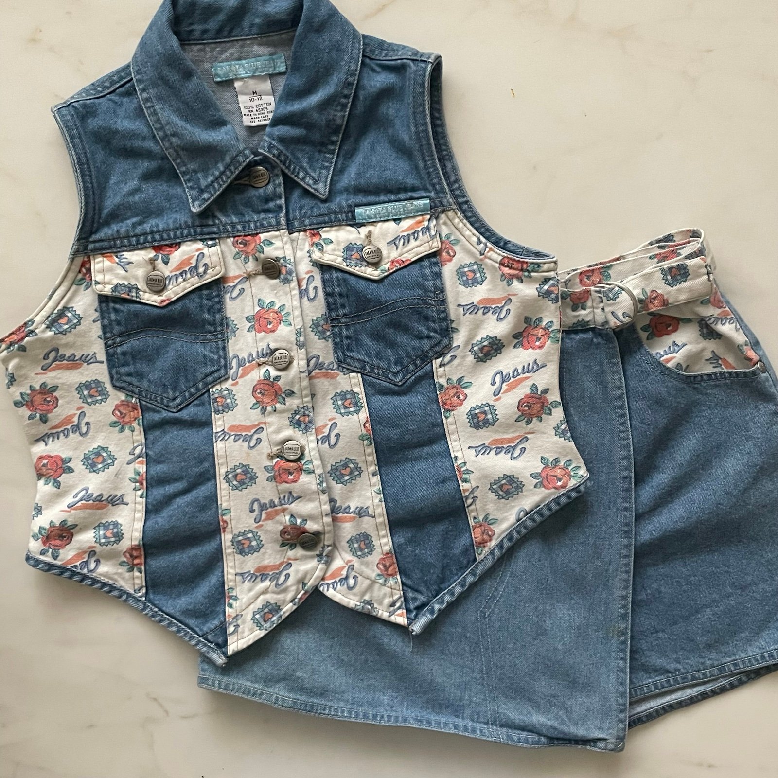 Vintage 90s Dakota Blue Denim Print Vest and Skort Set - 10/12