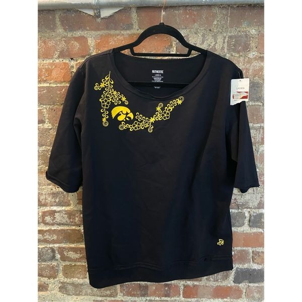 Authentic IOWA HAWKEYES Black Evelyn 3/4 Sleeve with Hawkeye Embroidered Emblem